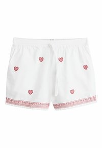 Fehér rövidnadrág, piros hímzett szívecskékkel az elején szórva, piros díszítő varrással a szegély mentén, elasztikus derékrésszel és húzózsinórral.
