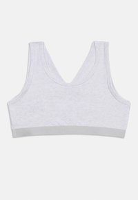 Ανοιχτό γκρι βαμβακερό αθλητικό σουτιέν με φαρδιές τιράντες και ελαστική ταινία στο κάτω μέρος, σε απλό λευκό φόντο.