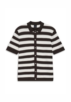 Schwarz-weiß gestreiftes Strick-Poloshirt mit kurzen Ärmeln, Knöpfen vorne und Kragen.