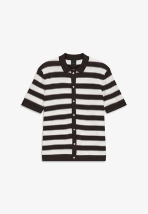 Schwarz-weiß gestreiftes Strick-Poloshirt mit kurzen Ärmeln, Knöpfen vorne und Kragen.