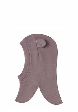 Knitted balaclava in soft, light mauve fabric. Features a rounded top with a knot detail and openings for the face and neck. Smooth texture.
