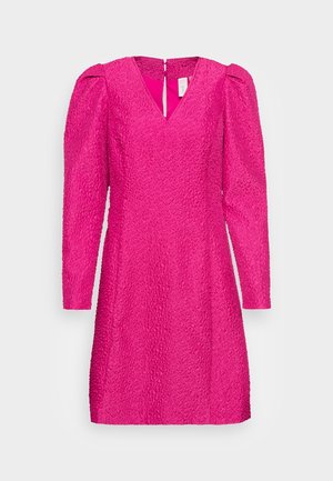 Bright pink textured fabric dress with long puffed sleeves, V-neckline, and a back zipper closure.