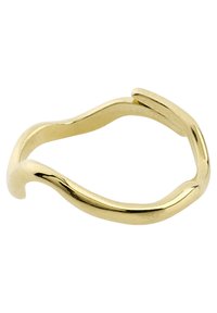 Anillo de metal tono dorado con una forma ondulada y orgánica. Superficie lisa y acabado pulido, con variaciones sutiles en el grosor y sin adornos.