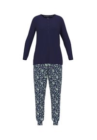 Marineblauwe longsleeve top met knoopdetails, gecombineerd met joggingsbroek met bloempatroon op een marineblauwe achtergrond en lichtere bloemaccenten.