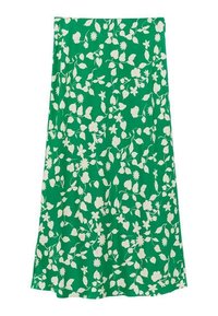 Gonna verde con un motivo floreale bianco, caratterizzata da vari fiori e foglie. Realizzata in tessuto leggero, presenta un design fluido.