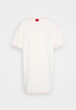 White t-shirt dress with short sleeves, contrasting pink stitching, and a small "HUGO" logo centered on the chest. Soft cotton material.