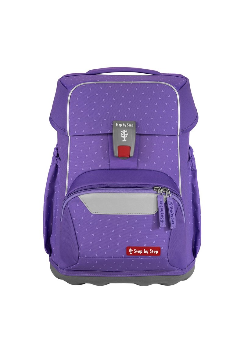 Lila Kinderrucksack mit strukturiertem Muster, silbernen Akzenten, Fronttasche, roten Beschlägen und doppelten Reißverschlusszügen. Strapazierfähiges Material.