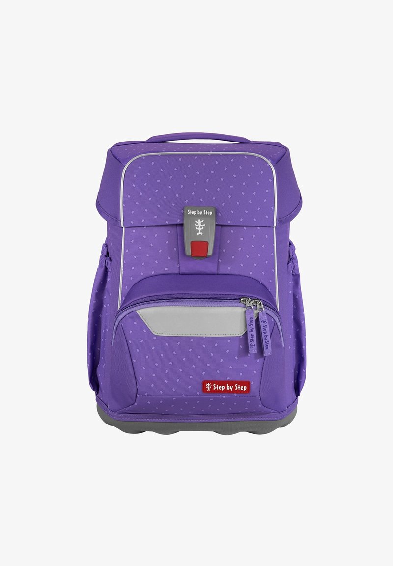 Lila Kinderrucksack mit strukturiertem Muster, silbernen Akzenten, Fronttasche, roten Beschlägen und doppelten Reißverschlusszügen. Strapazierfähiges Material.