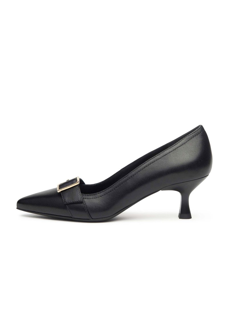 Black leather pump with a pointed toe, low heel, and a metallic buckle accent. Smooth texture and seamless design.