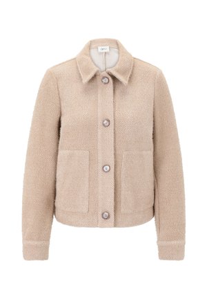 Beige strukturierte Wollejacke mit Kragen, vier Knöpfen vorne, langen Ärmeln und zwei großen Fronttaschen.