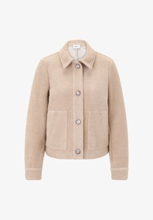 Beige textuur woljack met kraag, vier knopen aan de voorkant, lange mouwen en twee grote voorkruiken.