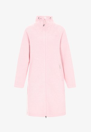 Roza dolgo plašč s kapuco, sprednjim zadrgo, stranskimi žepi in teksturirano tkanino. Oblikovan za sproščen fit in popolno zaščito.