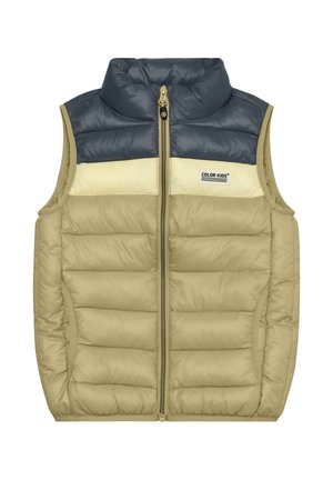 Gilet imbottito beige e blu navy, con collo alto e pannello crema, cerniera frontale e tasche laterali. Il materiale è liscio con texture trapuntata.