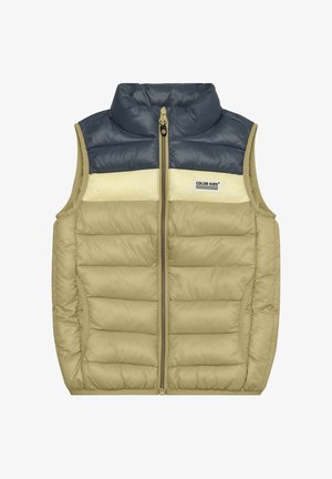 Gewatteerd vest in beige en marineblauw, met een hoge kraag en een crèmekleurig paneel, een rits aan de voorkant en zijzakken. Het materiaal is glad met een doorgestikte textuur.
