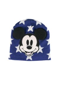 Gebreide beanie met een blauwe achtergrond, witte sterrenpatronen en een opvallend zwart-wit Mickey Mouse gezicht met 3D-oren.