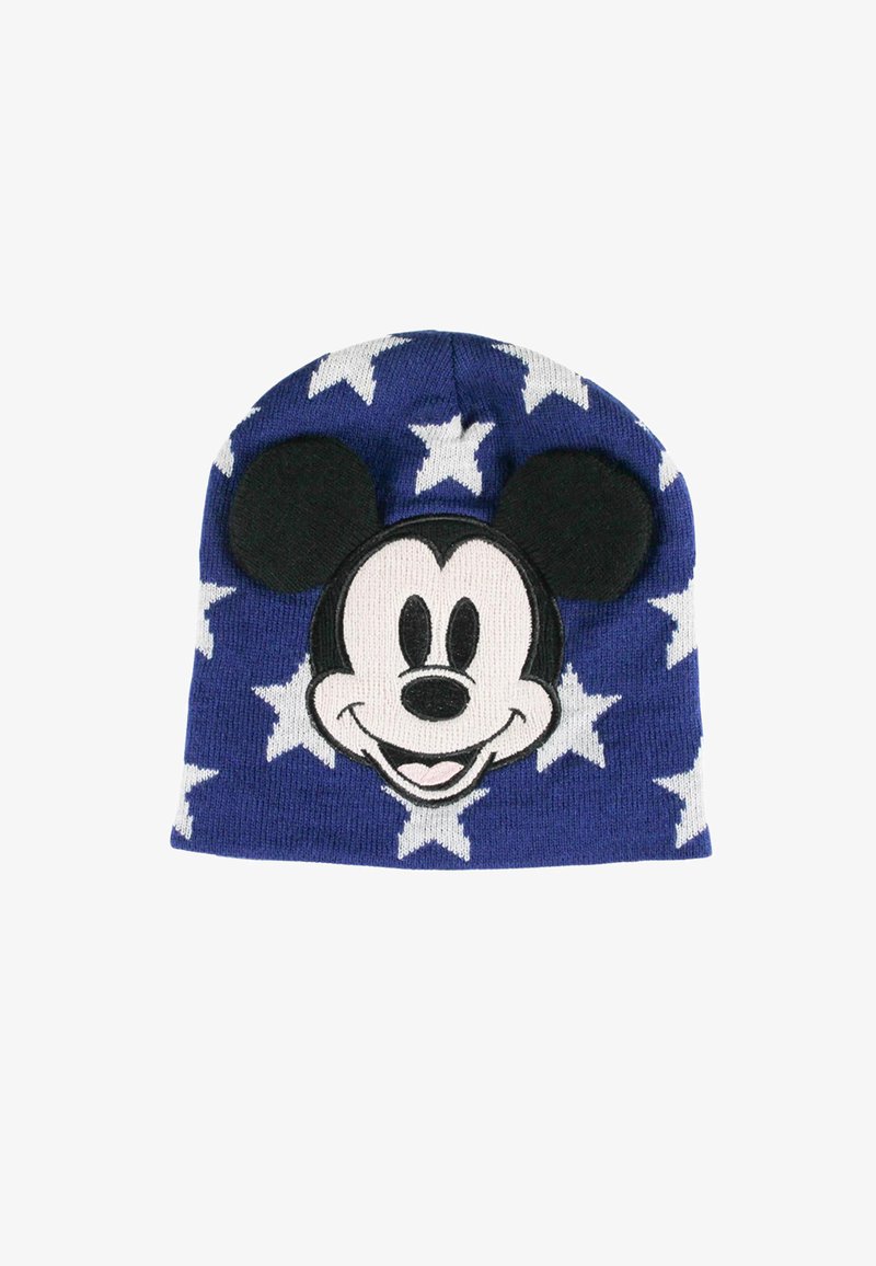 Bonnet en tricot avec un fond bleu orné de motifs d'étoiles blanches et un visage de Mickey Mouse noir et blanc en relief avec des oreilles en 3D.
