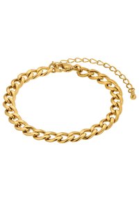 Bracciale a catena placcato in oro caratterizzato da anelli ovali interconnessi, una superficie liscia e una chiusura sicura con catena di estensione regolabile.