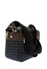 Borsa texturizzata blu e marrone con motivo a logo, zip dorate e tracolla nera regolabile. Presenta una forma rettangolare strutturata.