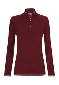 Maglione bordeaux con zip a quarto, maniche lunghe, polsini a costine e dettagli sottili a righe bianche sul colletto e sull'orlo. Tessuto morbido a maglia.