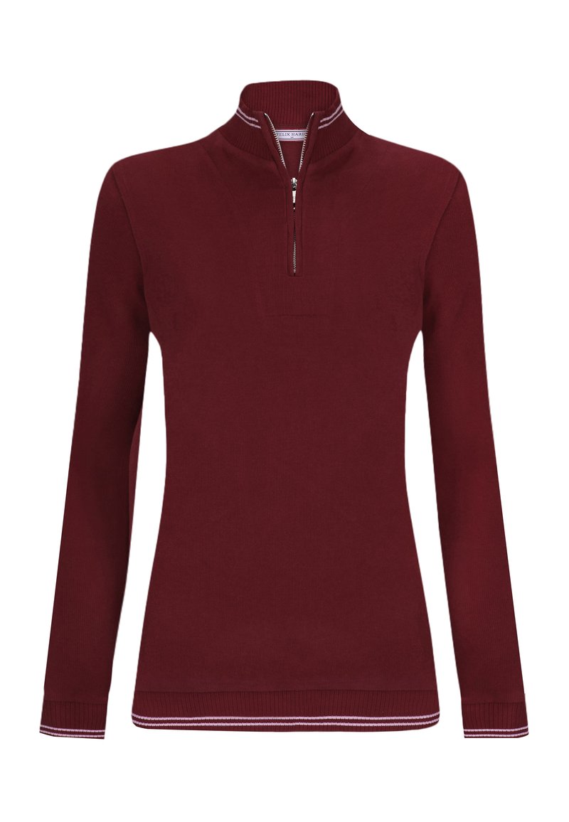 Maglione bordeaux con zip a quarto, maniche lunghe, polsini a costine e dettagli sottili a righe bianche sul colletto e sull'orlo. Tessuto morbido a maglia.