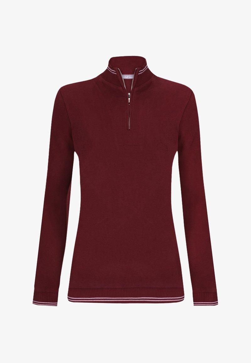 Maglione bordeaux con zip a quarto, maniche lunghe, polsini a costine e dettagli sottili a righe bianche sul colletto e sull'orlo. Tessuto morbido a maglia.
