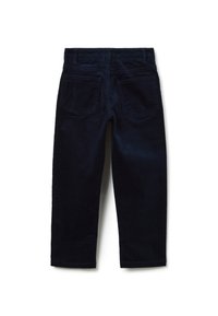 Navy corduroy broeken met een rechte snit, voorzien van een tailleband, twee achterzakken en een subtiele textuur. De pijpen lopen iets taps toelopend aan de onderkant.