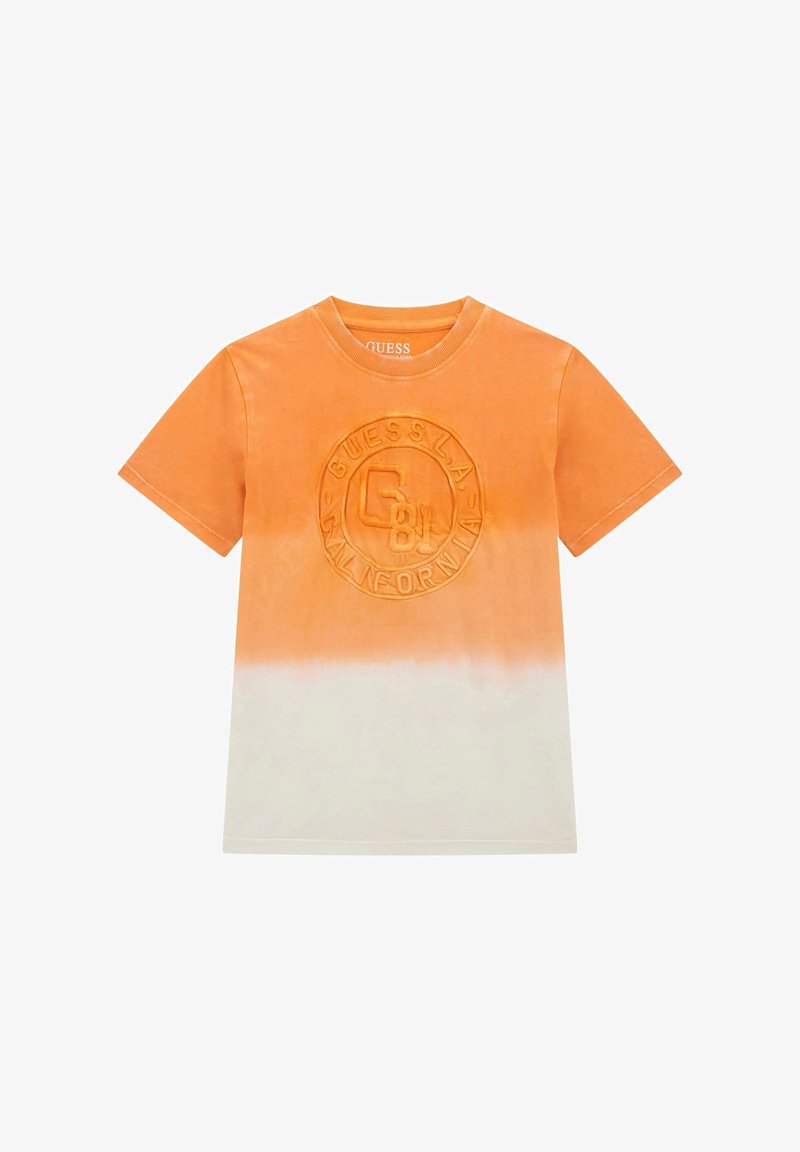 Tricou din bumbac cu un gradient portocaliu și alb, cu guler rotund, mâneci scurte și logo reliefat pe față. Textură netedă, croială lejeră.