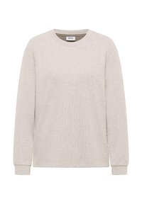Sweatshirt gris clair avec un col rond, des manches longues, un tissu texturé et des boutons décoratifs sur les côtés.