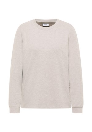 Sweatshirt gris clair avec un col rond, des manches longues, un tissu texturé et des boutons décoratifs sur les côtés.
