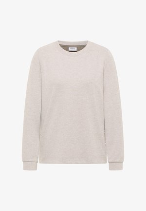 Ljusgrå sweatshirt med rund halsringning, långa ärmar, ett strukturerat tyg och dekorativa knappar på sidorna.