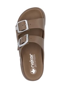 Brown slide sandal with two wide straps, silver buckles, embossed logo, rubber sole, and a smooth texture, designed for comfort.
