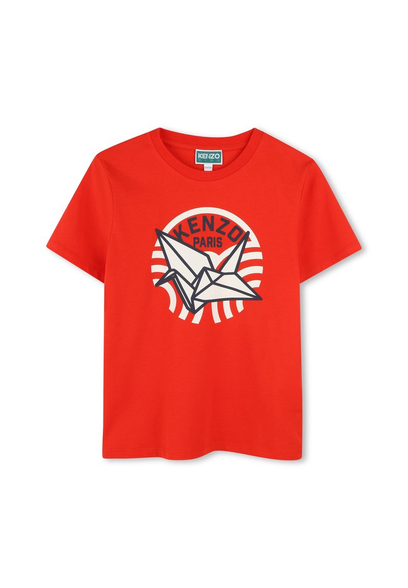 T-shirt en coton rouge avec un graphisme d'une grue en origami et "KENZO PARIS" en lettres épaisses, agrémenté de motifs circulaires.