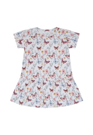 Weißes Kleid mit kurzen Ärmeln und Muster aus rosa, blauen und gelben Schmetterlingen und Blumen, mit einem gerafften Saum.