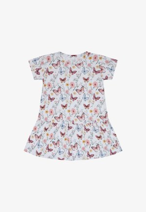 Weißes Kleid mit kurzen Ärmeln und Muster aus rosa, blauen und gelben Schmetterlingen und Blumen, mit einem gerafften Saum.