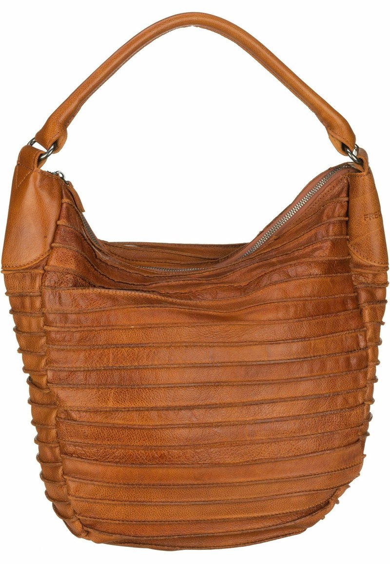 Sac à main en cuir marron avec des bandes horizontales texturées, une base arrondie, une poignée unique et une fermeture éclair sur le dessus.