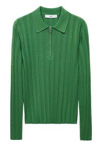 Grüner, gerippter Strickpullover mit Kragen, der einen halben Reißverschluss und lange Ärmel hat. Die Textur ist glatt mit einem einheitlichen Muster.