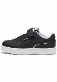 Zapatilla negra de cuero con suela blanca, puntera redonda, con cordones y correas de velcro. Presenta el logo de BMW Motorsport y acentos de rayas coloridas.