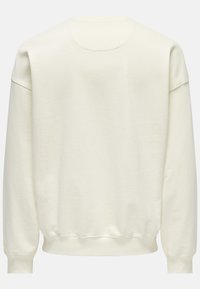 Cremefarvet sweatshirt med en blød tekstur, sænkede skuldre, ribbede manchetter og rund halsudskæring. Bagsiden er enkel uden yderligere detaljer.