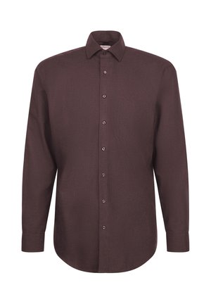 Diep bordeauxkleurig overhemd met lange mouwen van een gestructureerde stof, met een knoopsluiting aan de voorkant, een kraag en een enkele borstzak.