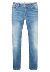 Los pantalones vaqueros de un azul claro presentan un diseño de pierna recta con un acabado desgastado, acentuados con costuras naranjas y herrajes metálicos en la cinturilla.