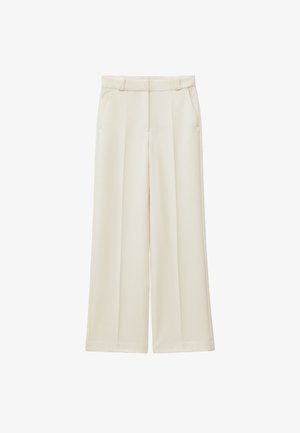 Wide-leg trousers in a light beige fabric with a textured pattern, features two side pockets, and a belted waist.