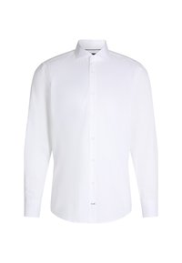 Witte overhemd met lange mouwen en een gespreide kraag, knopen aan de voorkant en manchetten. Gemaakt van gladde stof met een subtiele glans; eenvoudig ontwerp.