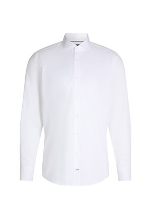 Camicia bianca a maniche lunghe con colletto alla francese, chiusura davanti con bottoni e polsini. Realizzata in tessuto liscio con una leggera lucentezza; design semplice.