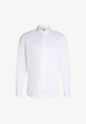 Camicia bianca a maniche lunghe con colletto alla francese, chiusura davanti con bottoni e polsini. Realizzata in tessuto liscio con una leggera lucentezza; design semplice.