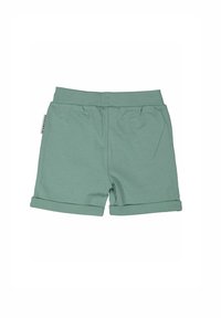 Ljusgröna bomullsshorts med uppvikt fåll, elastiskt midjeband och två sidofickor, med en liten varumärkesetikett på baksidan.