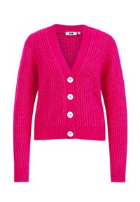 Fuchsia stickad cardigan med V-ringning, långa ärmar och fem vita knappar fram. Ribbad textur och åtsittande nederkant.
