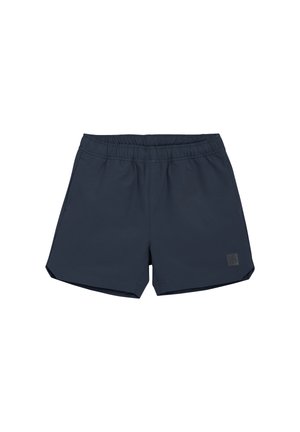 Shorts de bain bleu marine en tissu léger, dotés d'une taille élastique et de deux poches latérales. Écusson carré sur le devant.