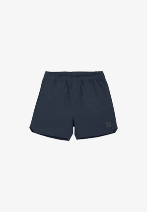 Shorts de bain bleu marine en tissu léger, dotés d'une taille élastique et de deux poches latérales. Écusson carré sur le devant.