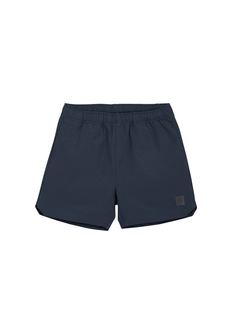 Navyblauwe zwemshorts van lichtgewicht stof, met een elastische tailleband en twee zijzakken. Vierkant logo-opdruk op de voorkant.
