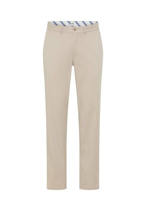 Beige afslappede bukser med linning, knap, bæltestropper og lynlås foran, vist fladt mod hvid baggrund.